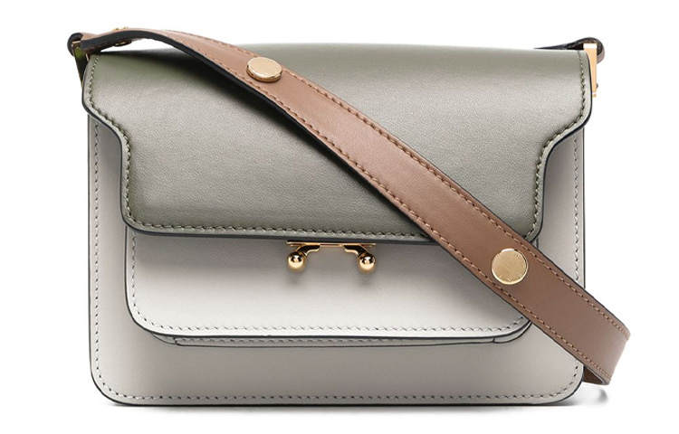 MARNI Trunk Cow Leather Trunk Bag, Portable Crossbody Bag, Shoulder Bag Mini Women's Gray & Brown & Green