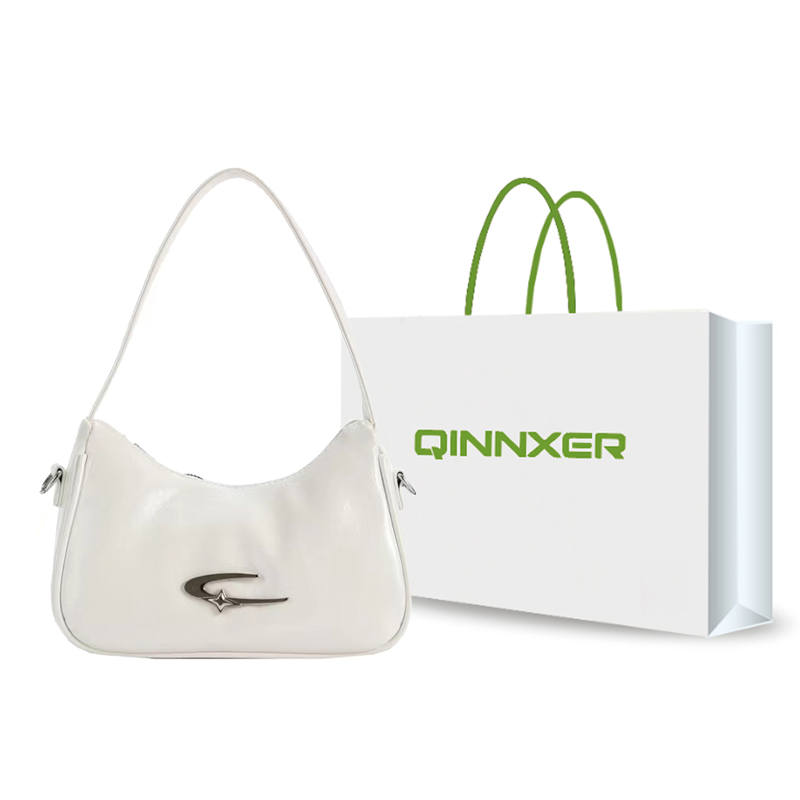 QINNXER Pu Crescent Bag, Crossbody Bag, Shoulder Bag Regular Women's Ecru/Silver/Black