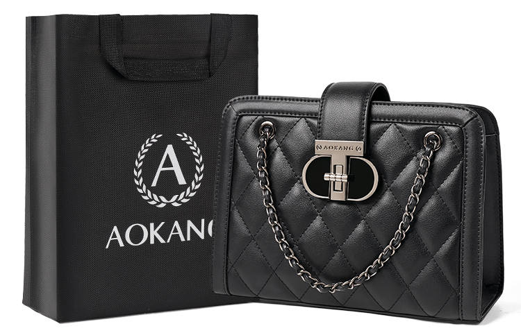 AOKANG Cow Leather Small Square Bag Diamond Pattern Chain Bag Shoulder Bag Medium Women's Classic Black/Ecru