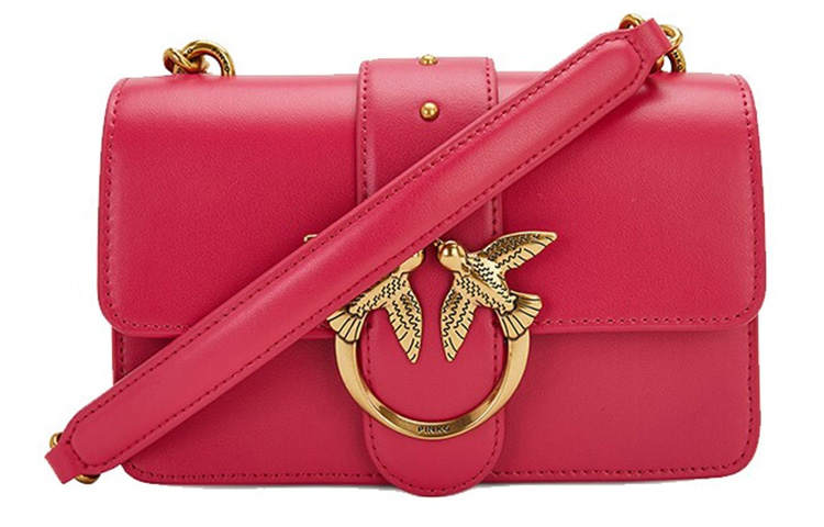 PINKO Simply Calfskin Distressed Metal Chain Swallow Bag, Crossbody Bag, Shoulder Bag Women's Rose Red