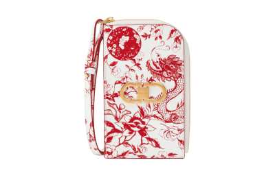 FERRAGAMO Gancini Cow Leather Cell Phone Pouch, Shoulder Bag, Crossbody Bag, Wallet Women's White & Red