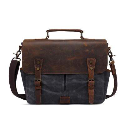 G-FAVOR G FAVOR Oil Wax Canvas With Crazy Horse Leather Handbag Medium Unisex Dark Gray/Coffee