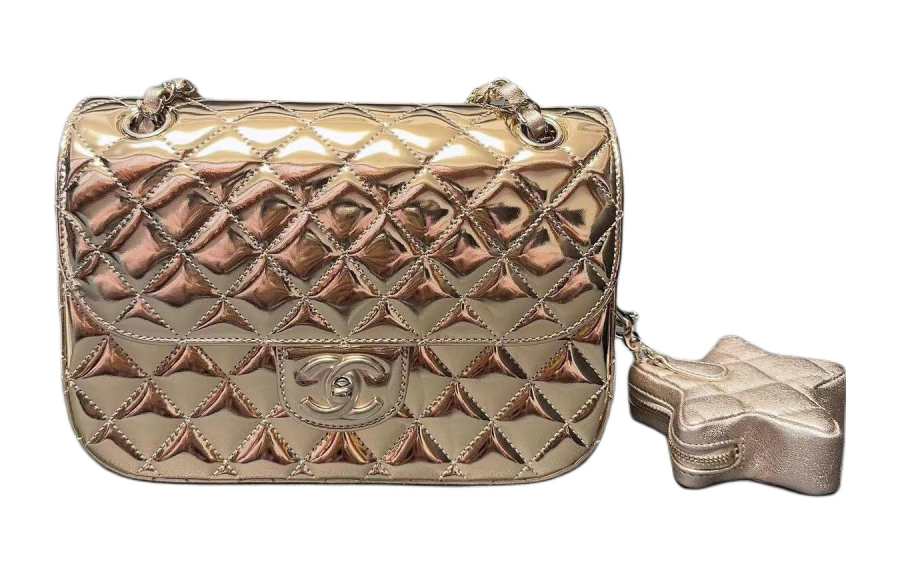 CHANEL Calfskin With Lambskin Flap Bag, Star Shaped Coin Purse, Shoulder Bag, Crossbody Bag Small Women's Light Gold