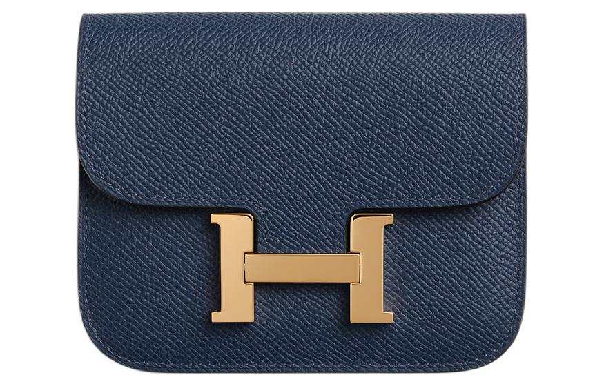 HERMES Constance Slim Gold tone Lock Epsom Leather Card Holder, Coin Purse, Fanny Pack Women's 7U Navy