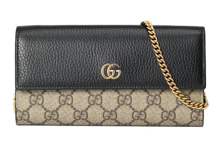 GUCCI Marmont Canvas With Leather Chain Wallet, Crossbody Bag, Shoulder Bag Women's Brown & Black