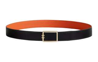 HERMES Tube H Brass Metal Plated Calfskin Leather Belts Men's Width 3.2cm
