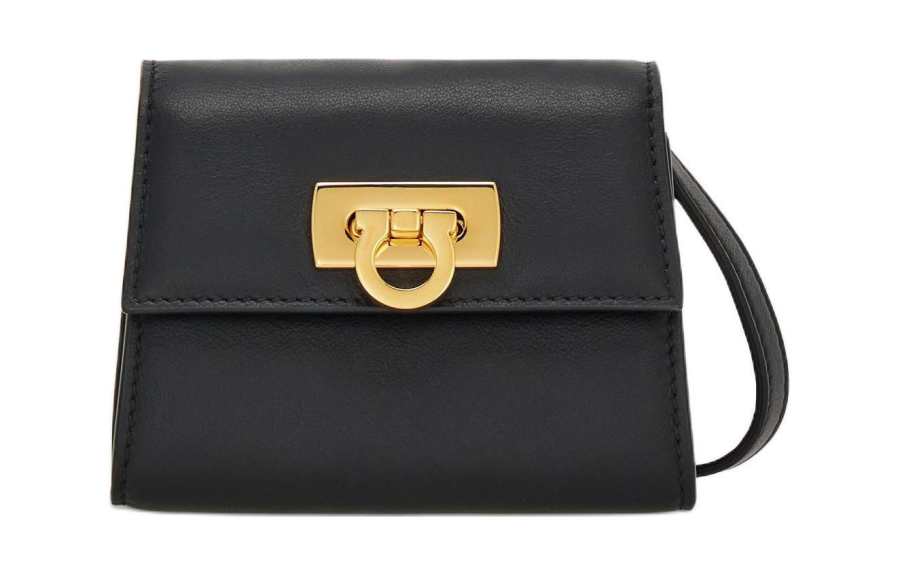 FERRAGAMO Gancini Smooth Cow Leather One Shoulder Crossbody Card Holder Women's Black