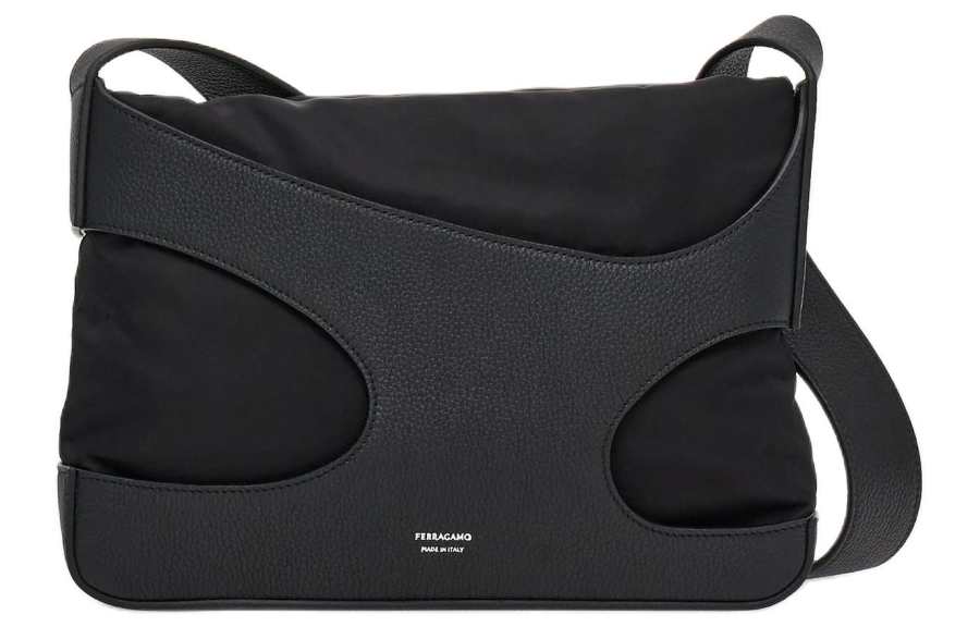 FERRAGAMO Hammered Calfskin With Textile Shoulder Bag, Crossbody Bag Men's Black