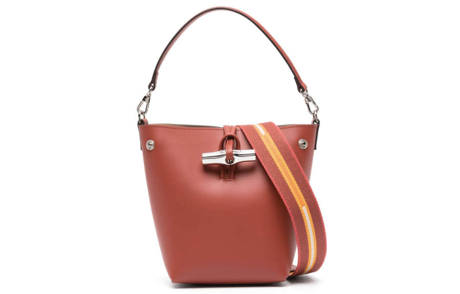 LONGCHAMP Le Roseau Calfskin Bucket Bag, Shoulder Bag, Crossbody Bag, Handbag Women's Red Brown