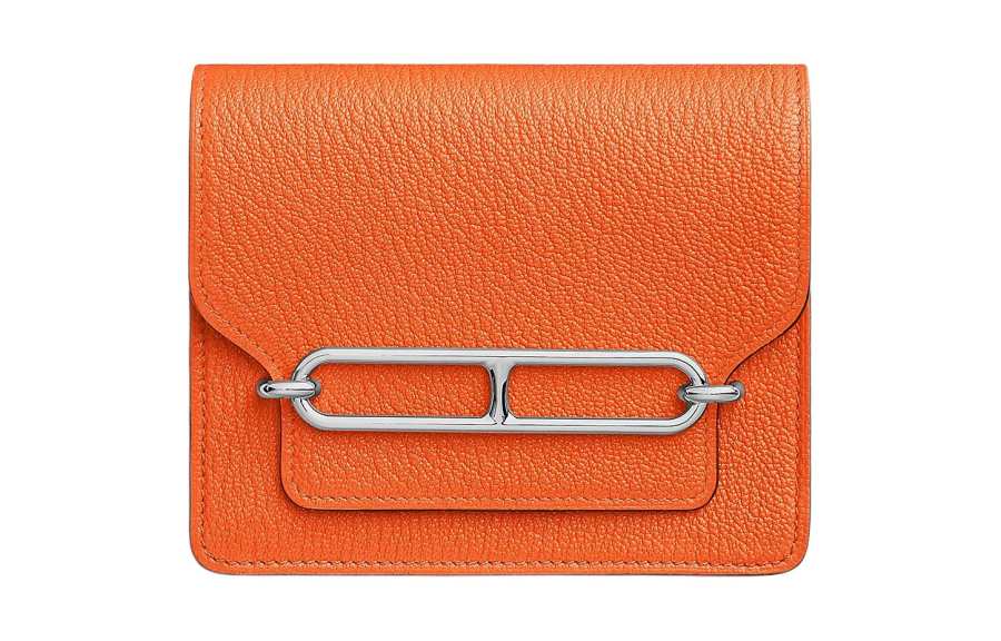 HERMES Roulis Mysore Goat Skin Wallet Women's 0X Aluminum Cinnabar Orange