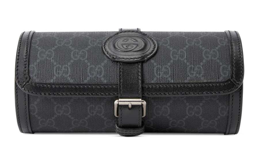 GUCCI Canvas With Leather Binding Wrist Watch Box Storage Bag Men's Black