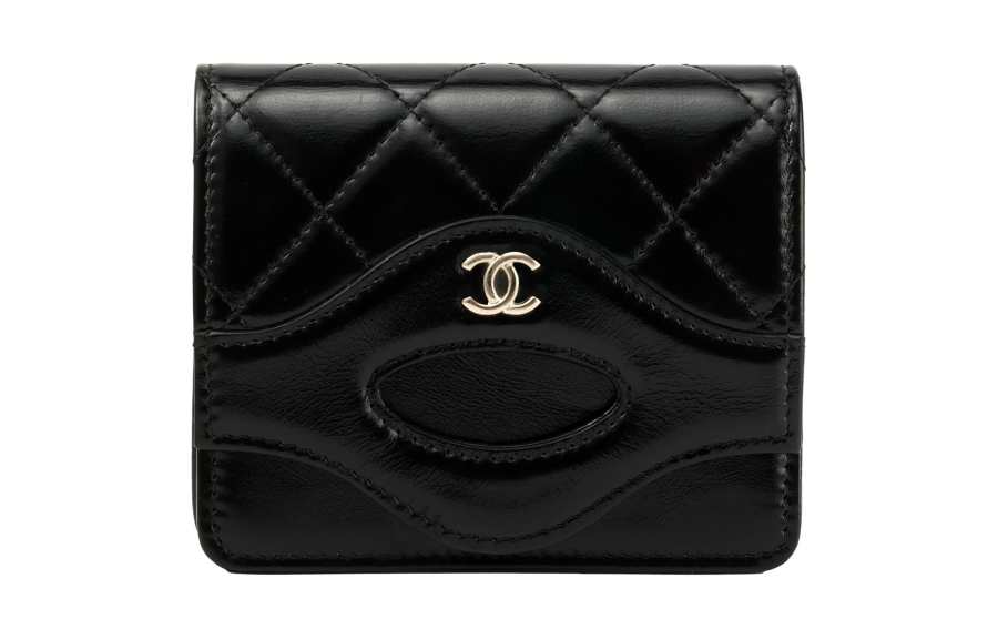 CHANEL Shiny Calfskin Coin Purse, Card Holder Women's Black