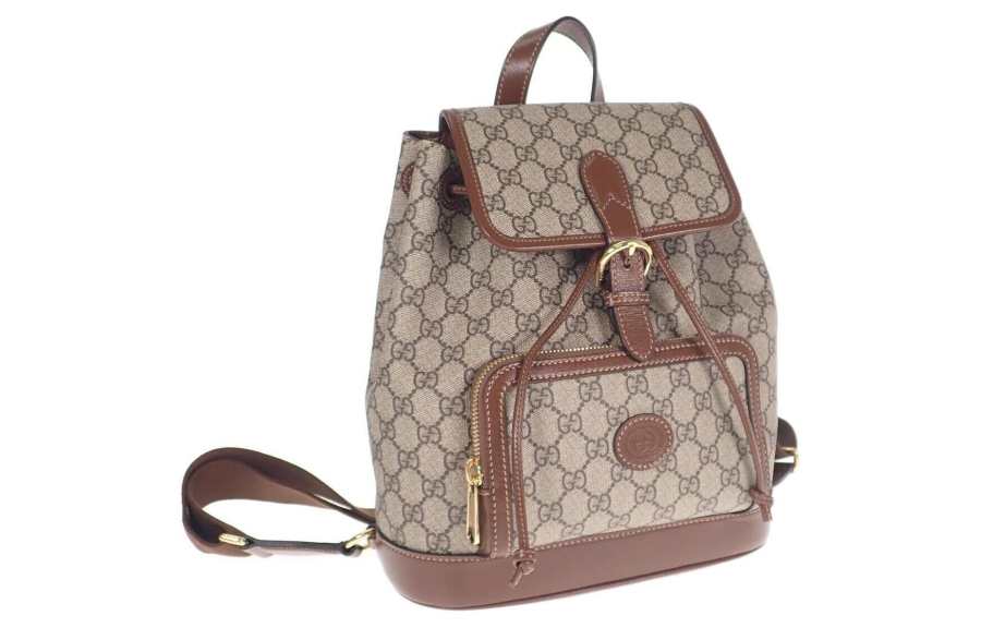 GUCCI GG Retro Canvas With Leather Backpack Unisex Ebony/Brown