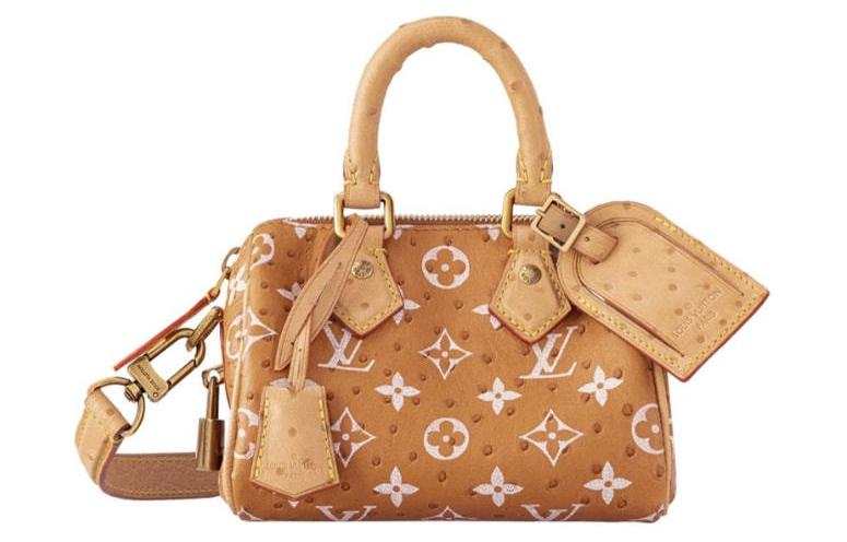 LOUIS VUITTON Speedy Ostrich Leather One Shoulder Crossbody Travel Handbag Men's Brown