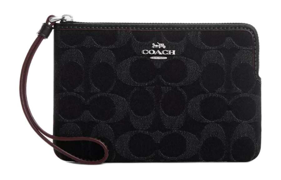 COACH Corner Zip Iconic Denim With Smooth Leather Clutch Mini Women's Silver & Black