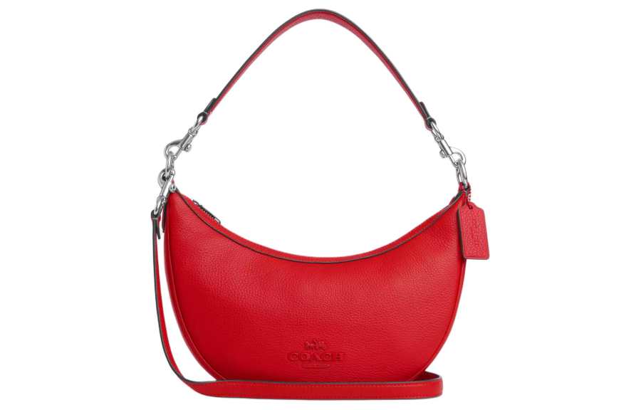 COACH COACH Pebbled Leather Shoulder Bag Medium Women's Silver & Bright Poppy