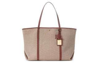LAUREN RALPH LAUREN Canvas With Leather Tote Bag, Shopping Bag, Shoulder Bag, Handbag Women's Brown