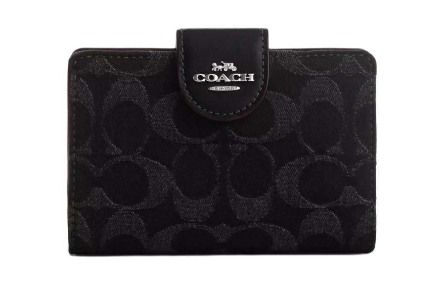 COACH COACH Corner Zip Iconic Denim With Smooth Leather Wallet Women's Black