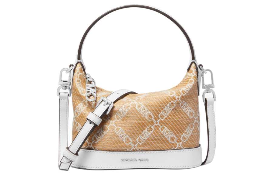 MICHAEL KORS Wythe Woven Fabric+Artificial Leather Handbag Shoulder Bag Crossbody Bag Small Size Women's Khaki & White