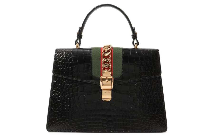 GUCCI Sylvie Crocodile Leather Crossbody Handbag, Shoulder Bag Medium Women's Black