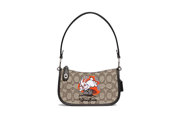 COACH X Big White Rabbit, Collaboration Swinger Cow Leather With Fabric Shoulder Bag Small Women's Khaki & Black