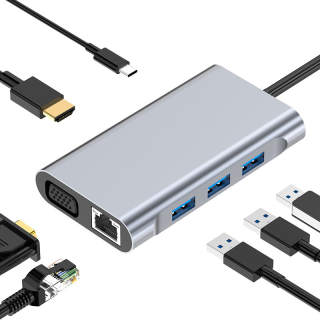 KERZY Adapter USB C To USB 3.0*3+PD Power Port 100W+VGA+RJ45 Gigabit Ethernet Port+HDMI Docking Stations