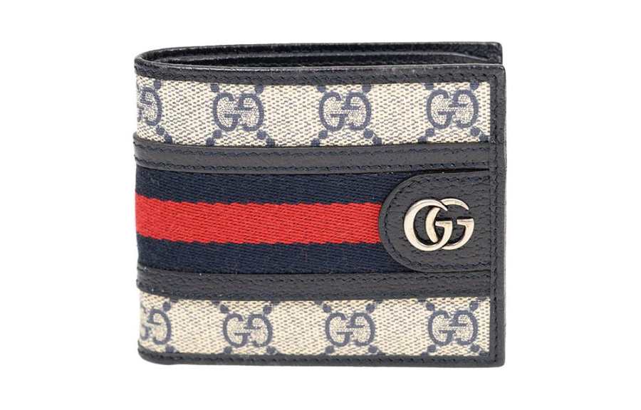 GUCCI Ophidia Canvas With Leather Card Holder Wallet Men's Blue/Beige