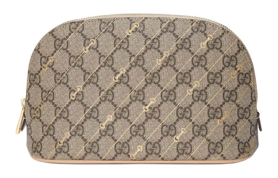 GUCCI Canvas With Leather Makeup Bag Women's Beige & Ebony