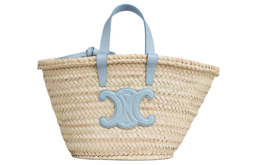CELINE Triomphe Palm Leaf With Cow Leather Binding Basket Handbag Women's Light Blue
