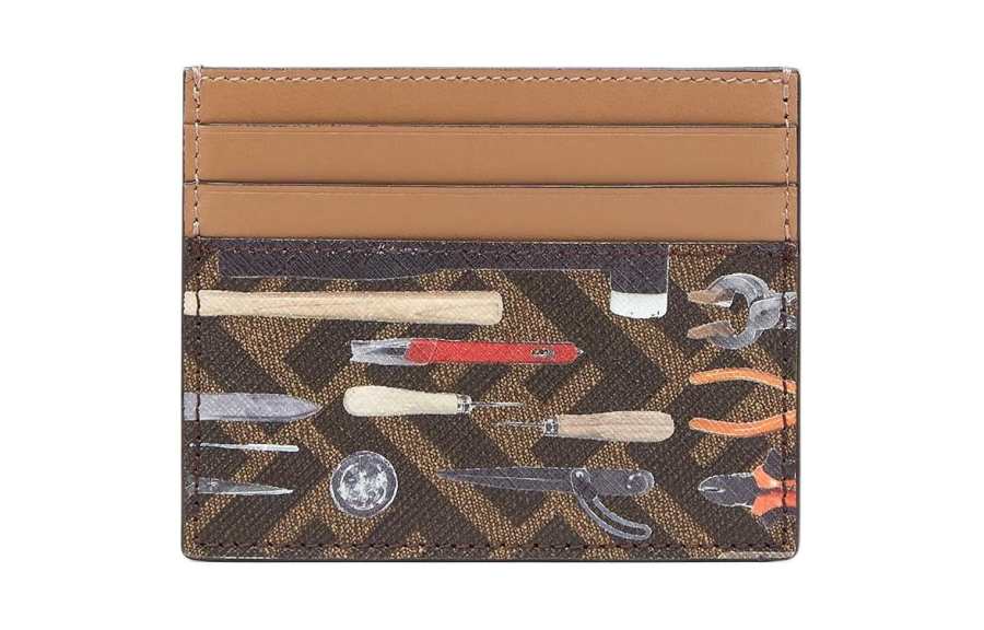 FENDI FF Calfskin Card Holder Unisex Brown