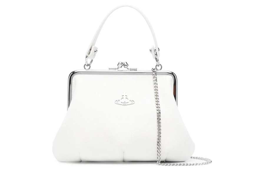 Vivienne Westwood Silver Tone Buckle Leather Portable Crossbody Bag, Shoulder Bag Women's White