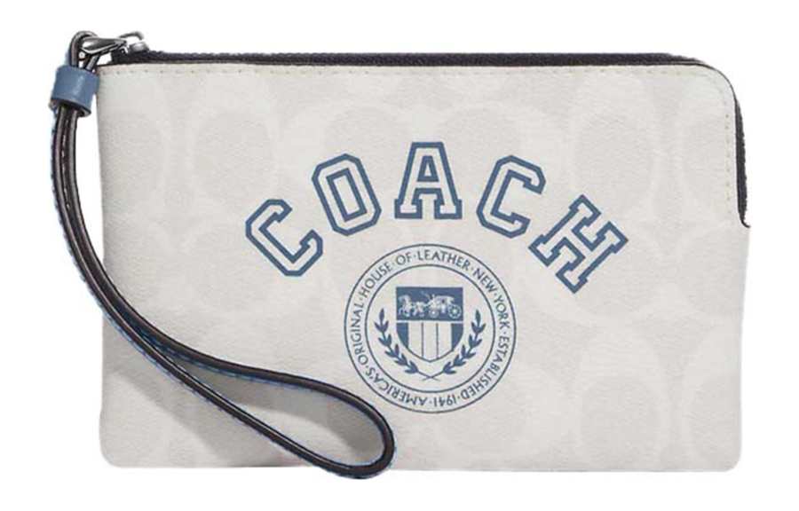 COACH Corner Zip Coated Canvas With Smooth Leather Wrist Bag Clutch Small Women's Chalk White & Indigo