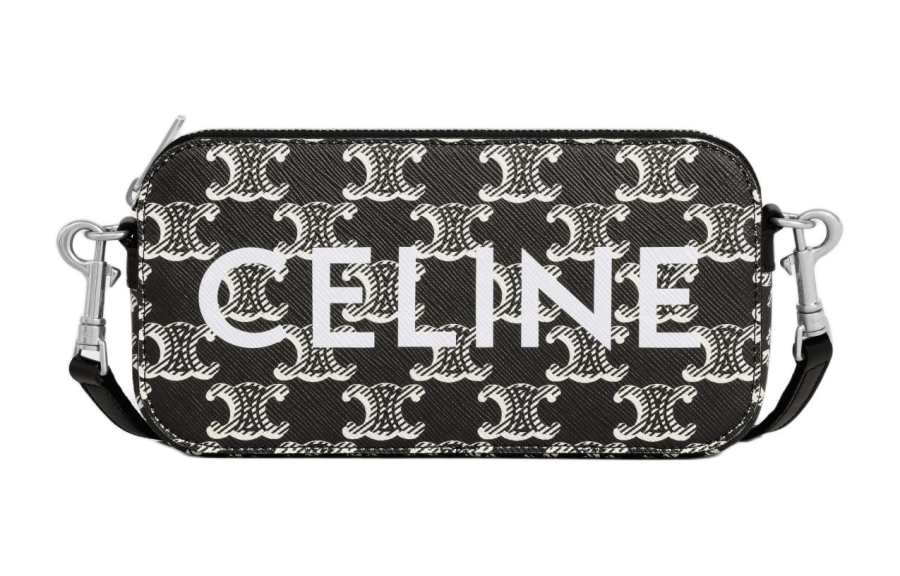 CELINE Triomphe Cow Leather Binding Crossbody Bags Men's Black & White
