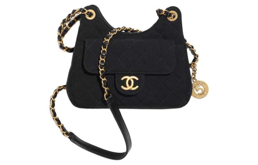 CHANEL 23C Early Spring HOBO Wool Jersey Knitted Fabric Shoulder Bag, Crossbody Bag Small Women's Black