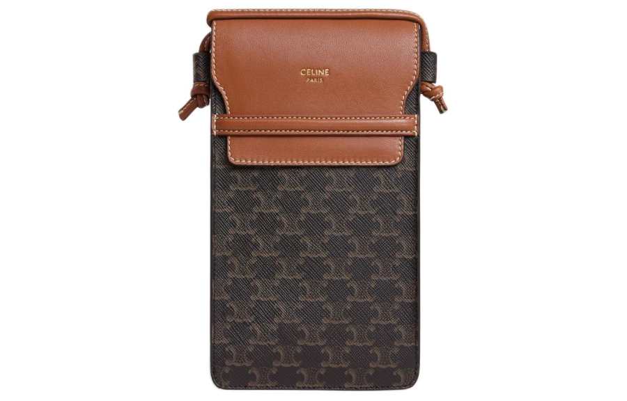 CELINE Triomphe Canvas With Sheepskin Trim One Shoulder Cell Phone Pouch Women's Tawny