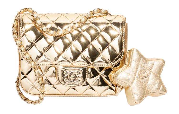 CHANEL Calfskin With Lambskin Flap Bag, Shoulder Bag, Crossbody Bag Mini Women's Light Gold