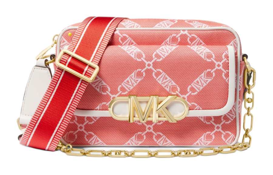 MICHAEL KORS PARKER Fabric Camera Bag, Shoulder Bag, Crossbody Bag Medium Women's Coral Red & White