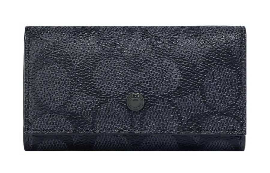 COACH Key Case Coated Canvas With Leather Key Pouch Women's Black