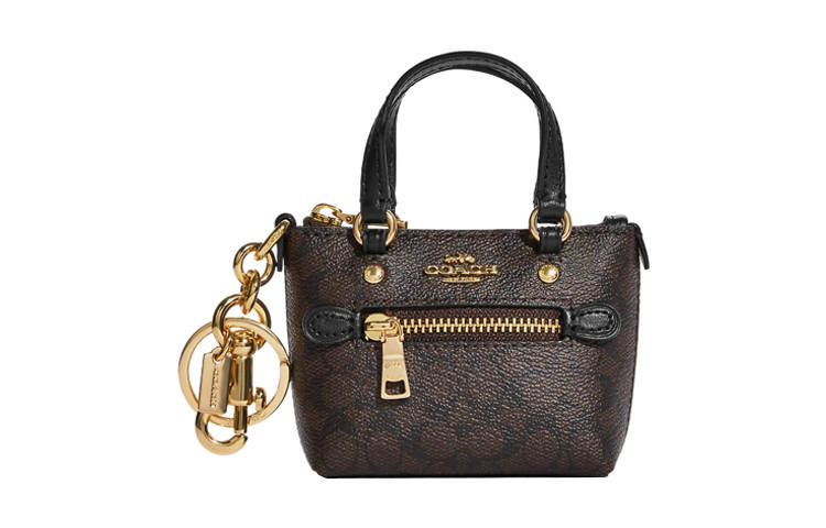COACH Gallery Coated Canvas With Smooth Leather Bag Charm Bag Merch Mini Women's Brown