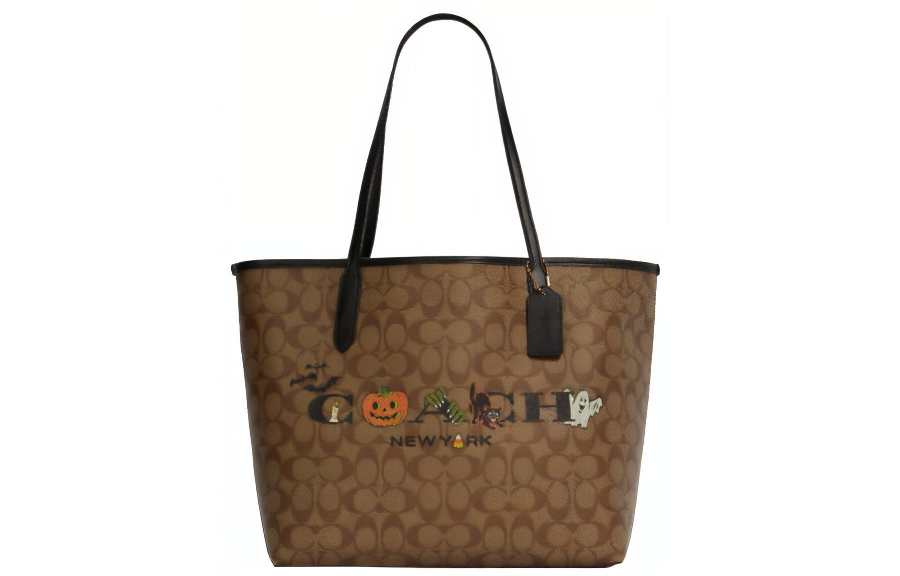 COACH City Canvas With Leather Tote Bag, Shopping Bag, Handbag, Shoulder Bag Large Women's Brown & Black Shoulder Strap