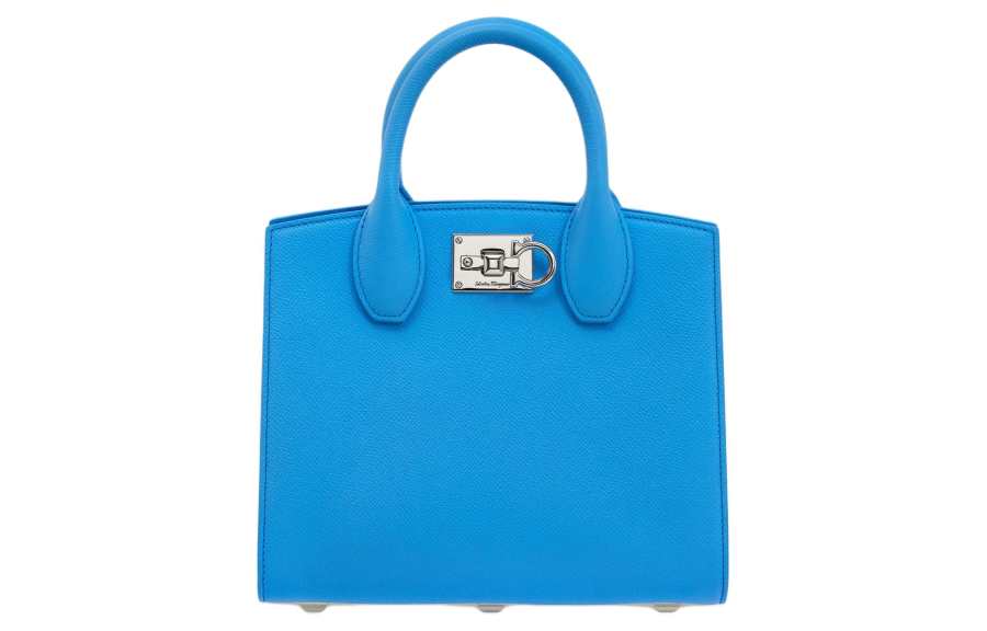 FERRAGAMO Studio Hammered Texture Calfskin Box Bag, Shoulder Bag, Crossbody Bag, Handbag Small Women's Light Blue