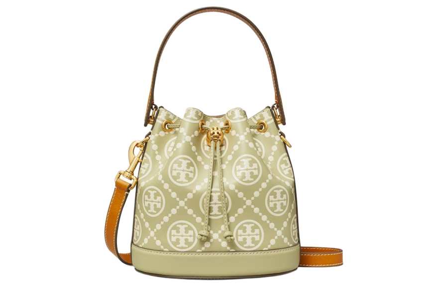 TORY BURCH T Monogram Leather Bucket Bag, Shoulder Bag, Crossbody Bag, Handbag Medium Women's Olive Branch