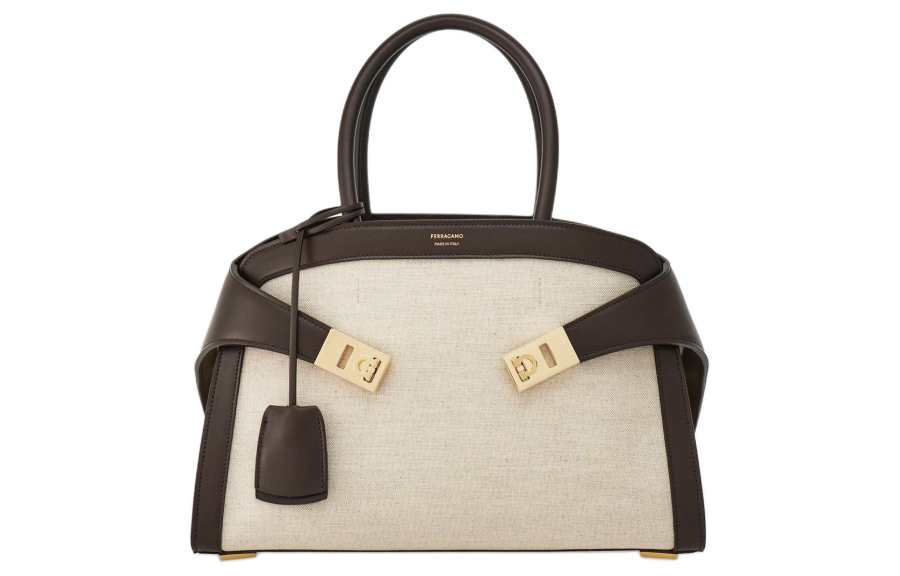 FERRAGAMO Fabric Shoulder Bag, Crossbody Bag, Handbag Small Women's Natural & Dark Brown