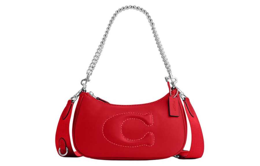 COACH Teri Leather Shoulder Bag, Handbag, Shoulder Bag Medium Women's Silver & Bright Red