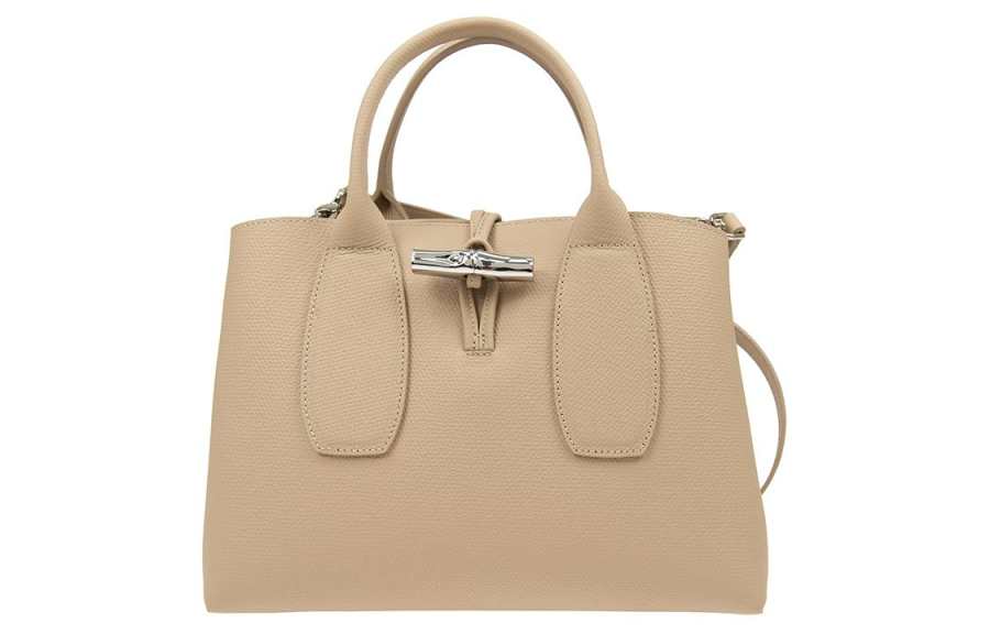 LONGCHAMP Le Roseau Cow Leather Big Bag, Crossbody Handbag Medium Women's Sand Gray