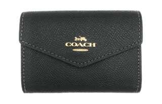 COACH Card Case Cross Grain Leather Wallet, Card Holder Women's Black