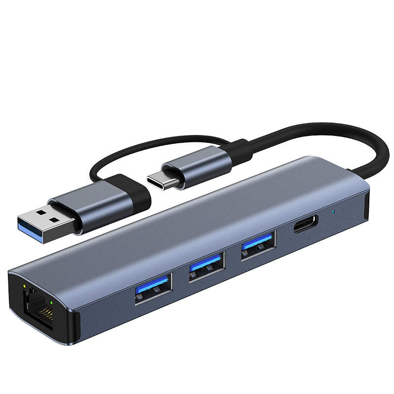 KERZY USB Dual Port Converters Type C To RJ45 Gigabit Ethernet+USB 3.0*3+USB C Docking Stations B23GY 5 in 1