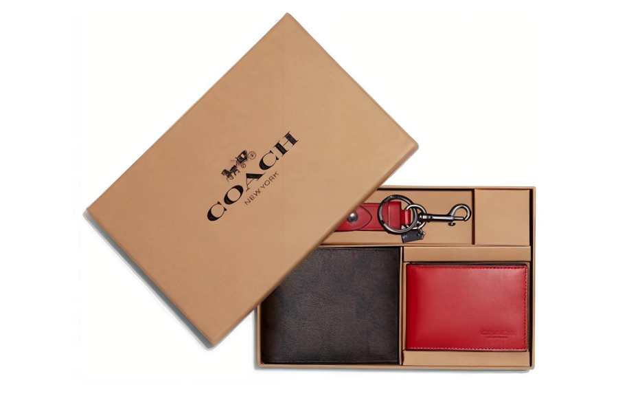 COACH Cow Leather Card Holder Wallet Men's Brown/Red