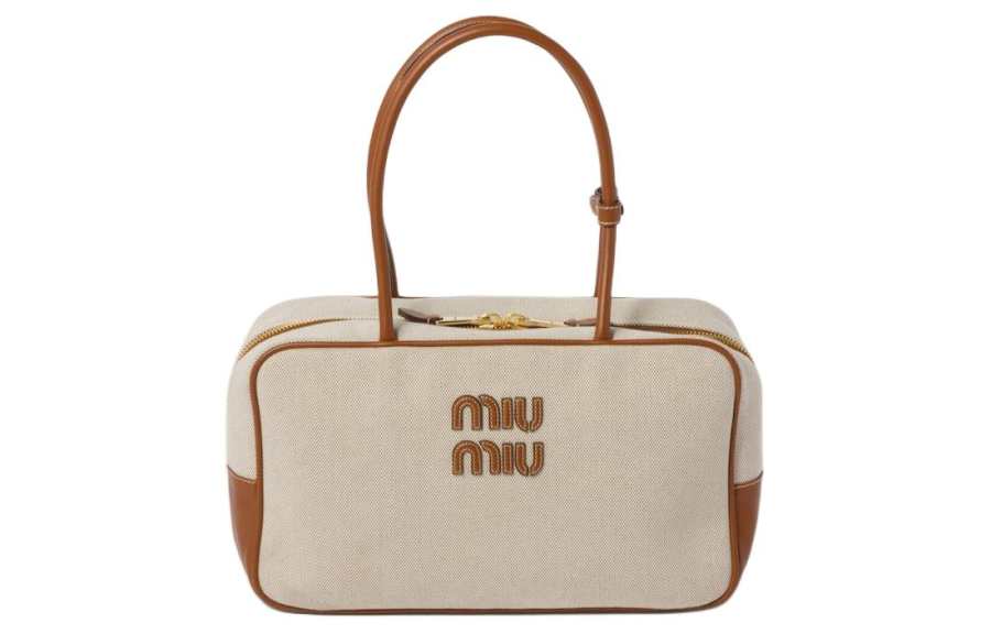 MIU MIU Canvas With Leather Handbag, Shoulder Bag Women's Beige & Brandy