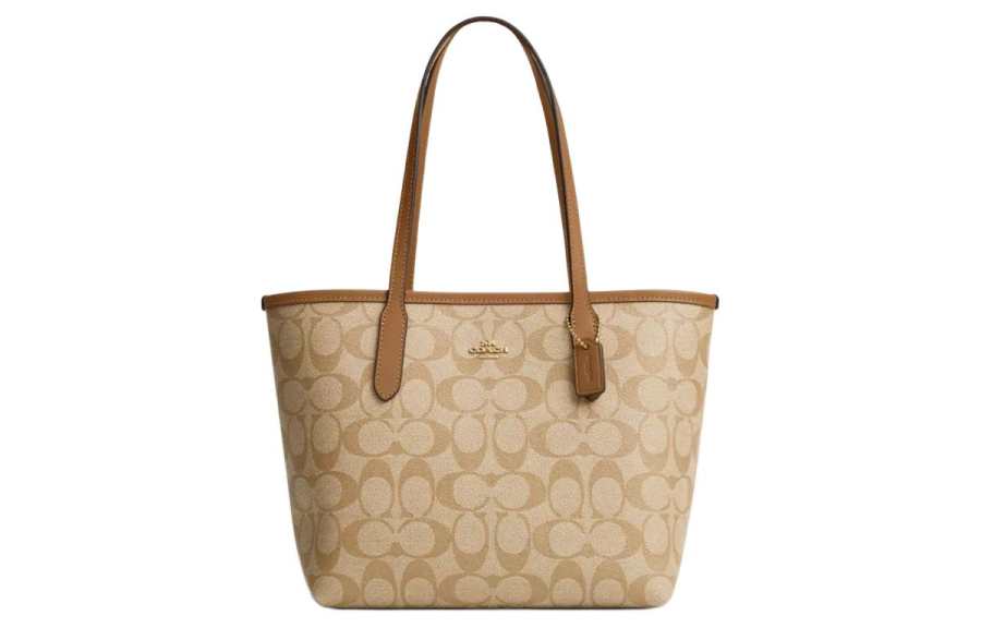 COACH City Artificial Leather Coated Canvas Shoulder Bag Medium Women's Light Khaki & Light Saddle